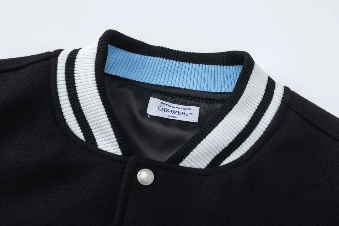 S68#P660, offwhite heavy-duty embroidered baseball jacket. The body is made of woolen fabric. Couple's jacket. Black size: S M L XL